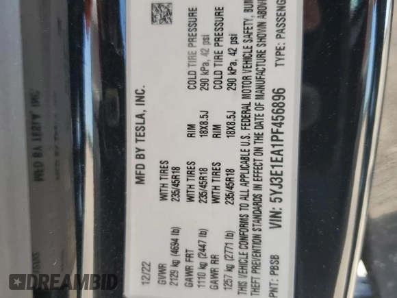 2023 Tesla Model 3 with VIN 5YJ3E1EA1PF456896, listed as a Copart auction lot 50423785 with 49,316 mi miles and Salvage title. Bid and sale history available at DreamBid. Image 14.