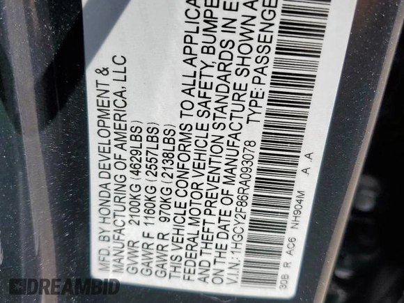2024 Honda Accord Touring with VIN 1HGCY2F86RA093078, listed as a Copart auction lot 57392485 with 10,602 mi miles and Salvage title. Bid and sale history available at DreamBid. Image 13.