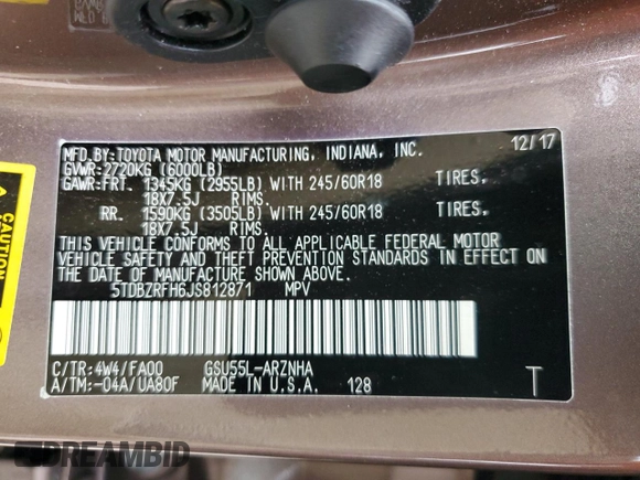 2018 Toyota Highlander LE с VIN 5TDBZRFH6JS812871, выставлен на аукционе Copart как лот 80105144 с пробегом 33 024 миль миль и Списание • Salvage title. История ставок и продаж доступна на DreamBid. Изображение 14.