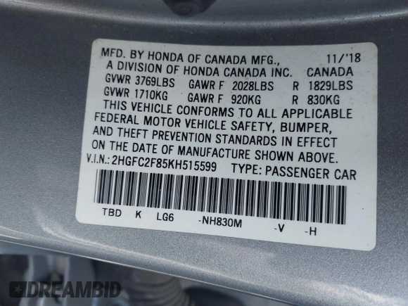 2019 Honda Civic Sedan Sport with VIN 2HGFC2F85KH515599, listed as a IAAI auction lot 41885201 with 76,653 mi miles. Bid and sale history available at carsss.com. Image 9.