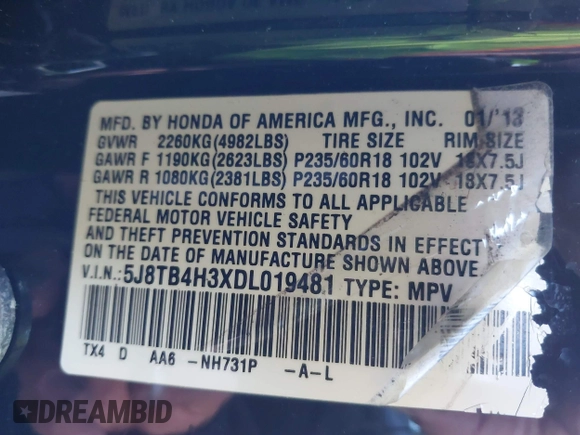 2013 Acura RDX with VIN 5J8TB4H3XDL019481, listed as a IAAI auction lot 41235509 with 129,024 mi miles. Bid and sale history available at carsss.com. Image 9.