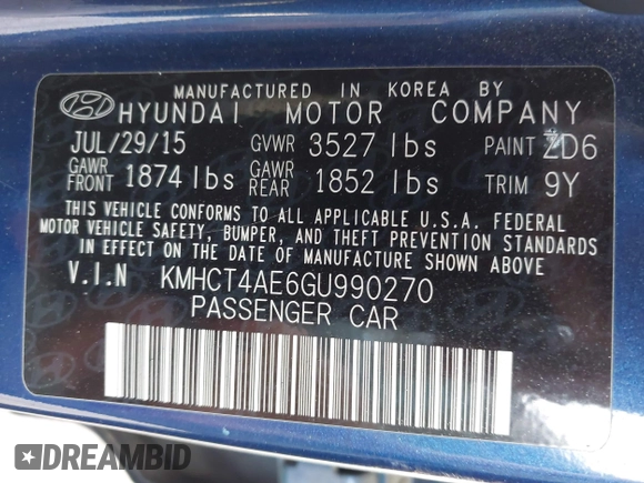 2016 Hyundai Accent SE with VIN KMHCT4AE6GU990270, listed as a IAAI auction lot 42063321 with 109,883 mi miles. Bid and sale history available at carsss.com. Image 9.