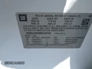 2013 Chevrolet Equinox LTZ with VIN 2GNALFEK0D6133743, listed as a IAAI auction lot 39220198 with 29 mi miles. Bid and sale history available at carsss.com. Image 9.