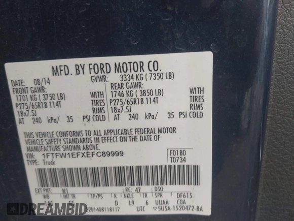 2014 Ford F-150 XL with VIN 1FTFW1EFXEFC89999, listed as a IAAI auction lot 41491284 with 98,569 mi miles. Bid and sale history available at carsss.com. Image 9.