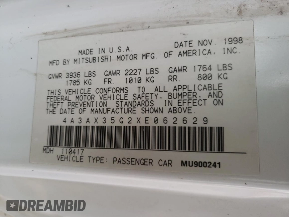 1999 Mitsubishi Eclipse GS with VIN 4A3AX35G2XE062629, listed as a Copart auction lot 87689125 with 223,210 mi miles and Salvage Title. Bid and sale history available at carsss.com. Image 10.