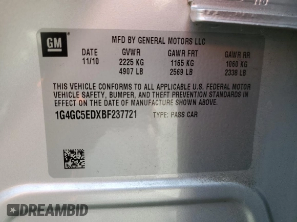 2011 Buick LaCrosse CXL with VIN 1G4GC5EDXBF237721, listed as a Copart auction lot 68178024 with 68,800 mi miles and Salvage Title. Bid and sale history available at DreamBid. Image 12.