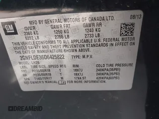 2013 Chevrolet Equinox LT with VIN 2GNFLDE36D6425822, listed as a IAAI auction lot 41820635 with 156,606 mi miles and . Bid and sale history available at DreamBid. Image 9.