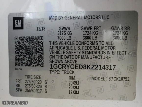 2019 Chevrolet Silverado 1500 LTZ with VIN 1GCRYGED8KZ214317, listed as a Copart auction lot 86536274 with 69,061 mi miles and Salvage Title. Bid and sale history available at carsss.com. Image 12.
