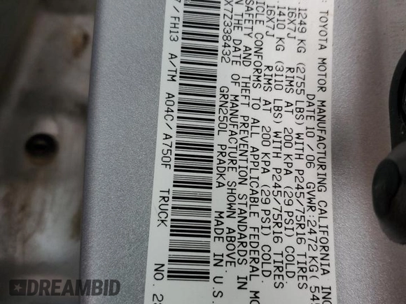 2007 Toyota Tacoma z VIN 5TEMU52NX7Z338432, wystawiony jako Copart lot #55851235 z przebiegiem 194 976 mil mil oraz Szkoda całkowita • Salvage title. Historia ofert i sprzedaży dostępna na DreamBid. Obrazek 12.