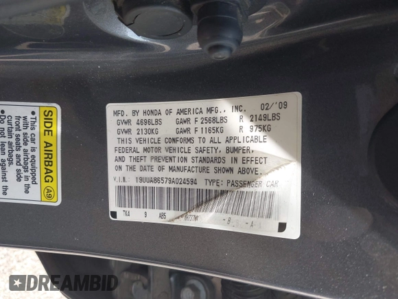 2009 Acura TL Technology z VIN 19UUA86579A024594, wystawiony jako IAAI lot #42466764 z przebiegiem Nie podano mil oraz . Historia ofert i sprzedaży dostępna na DreamBid. Obrazek 9.