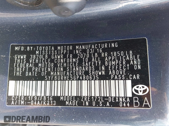 2016 Toyota Corolla L z VIN 5YFBURHE5GP480635, wystawiony jako IAAI lot #42512453 z przebiegiem 122 481 mil mil oraz . Historia ofert i sprzedaży dostępna na DreamBid. Obrazek 9.