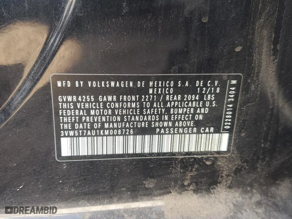 2019 Volkswagen Golf GTI S with VIN 3VW5T7AU1KM008726, listed as a Copart auction lot 88910235 with 0 mi miles and Salvage Title. Bid and sale history available at carsss.com. Image 12.