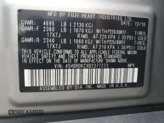 2011 Subaru Outback Limited Power Moon with VIN 4S4BRDKCXB2377273, listed as a Copart auction lot 58834935 with 130,803 mi miles and Salvage title. Bid and sale history available at DreamBid. Image 12.