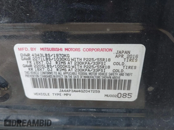 2016 Mitsubishi Outlander SE with VIN JA4AP3AW4GZ047259, listed as a IAAI auction lot 42558030 with 146,345 mi miles and . Bid and sale history available at DreamBid. Image 9.