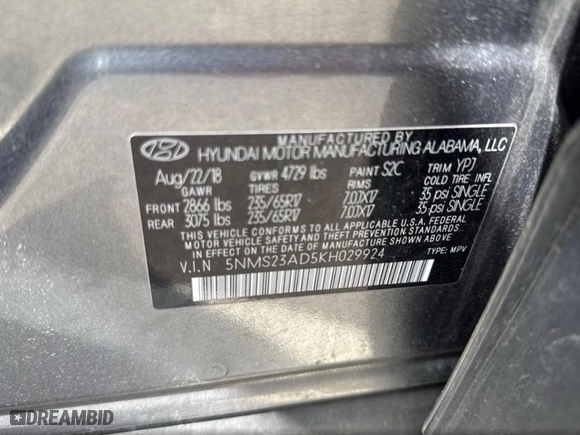 2019 Hyundai Santa Fe SE with VIN 5NMS23AD5KH029924, listed as a Copart auction lot 53924895 with 172,837 mi miles and Clean Title. Bid and sale history available at carsss.com. Image 10.