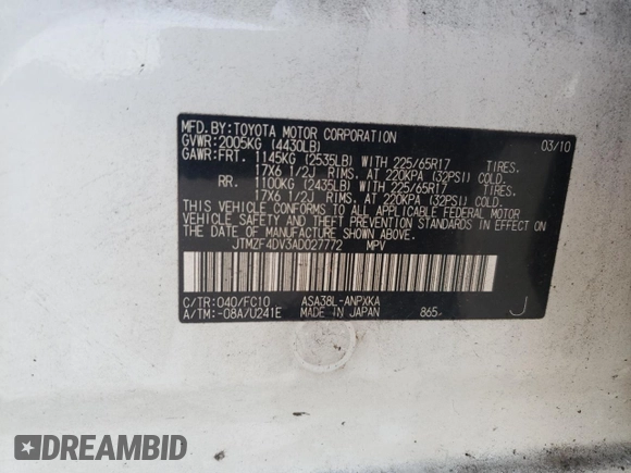 2010 Toyota RAV4 with VIN JTMZF4DV3AD027772, listed as a Copart auction lot 63136155 with 310,787 mi miles and Clean title. Bid and sale history available at DreamBid. Image 13.