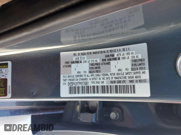 2023 Mazda 3 S Preferred with VIN 3MZBPACM7PM378961, listed as a Copart auction lot 83848004 with 19,510 mi miles and Salvage Title. Bid and sale history available at DreamBid. Image 12.