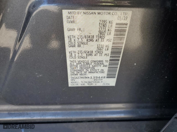 2019 Nissan Murano S with VIN 5N1AZ2MS9KN139448, listed as a Copart auction lot 52282605 with 88,487 mi miles and Salvage Title. Bid and sale history available at carsss.com. Image 15.