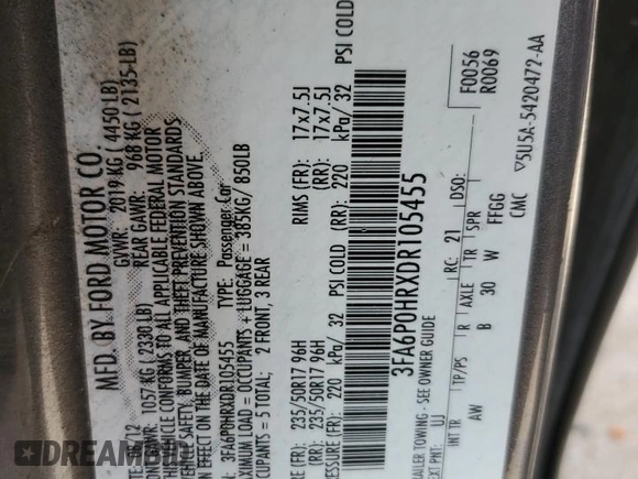 2013 Ford Fusion SE with VIN 3FA6P0HRXDR105455, listed as a Copart auction lot 53437655 with 103,397 mi miles and Salvage Title. Bid and sale history available at DreamBid. Image 13.