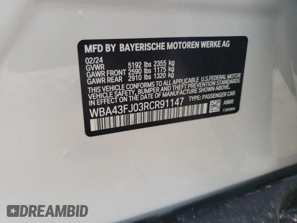 2024 BMW 5 Series 530i with VIN WBA43FJ03RCR91147, listed as a Copart auction lot 61890014 with 0 mi miles and Salvage Title. Bid and sale history available at carsss.com. Image 13.