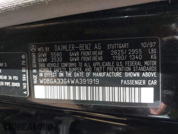 1998 Mercedes-Benz S-Class with VIN WDBGA33G4WA391919, listed as a IAAI auction lot 40139391 with 99,744 mi miles. Bid and sale history available at carsss.com. Image 9.