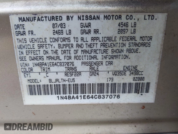 2004 Nissan Maxima SL with VIN 1N4BA41E64C837076, listed as a IAAI auction lot 42003843 with Not Provided miles and . Bid and sale history available at DreamBid. Image 9.