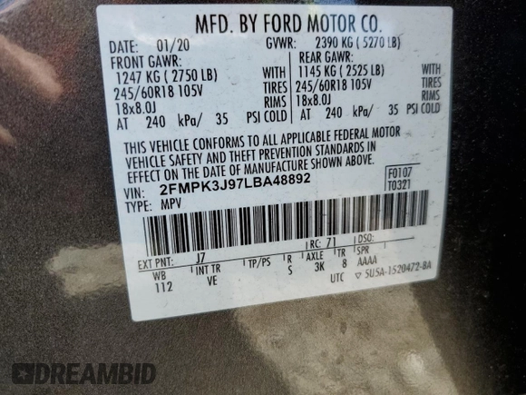 2020 Ford Edge SEL с VIN 2FMPK3J97LBA48892, выставлен на аукционе Copart как лот 58008145 с пробегом 52 588 миль миль и Списание • Salvage title. История ставок и продаж доступна на DreamBid. Изображение 13.
