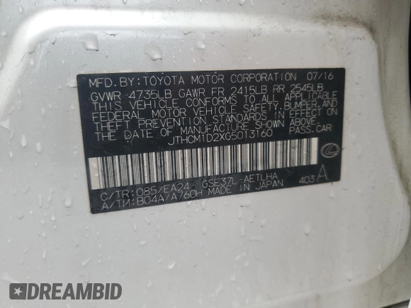 2016 Lexus IS 300/350 with VIN JTHCM1D2XG5013160, listed as a Copart auction lot 43817725 with 85,490 mi miles and Salvage title. Bid and sale history available at DreamBid. Image 12.