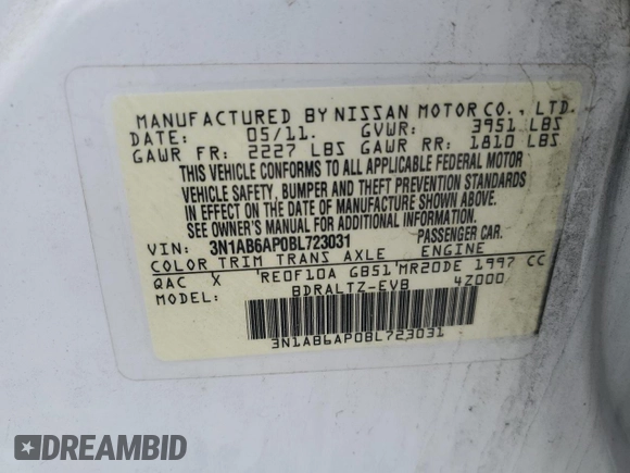 2011 Nissan Sentra 2.0 with VIN 3N1AB6AP0BL723031, listed as a Copart auction lot 42440805 with 182,072 mi miles and Clean Title. Bid and sale history available at DreamBid. Image 12.