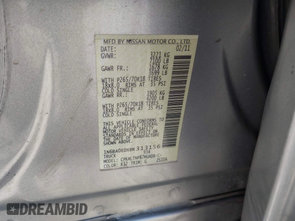 2011 Nissan Titan SV with VIN 1N6BA0EDXBN313156, listed as a IAAI auction lot 41731745 with 219,589 mi miles and . Bid and sale history available at DreamBid. Image 9.