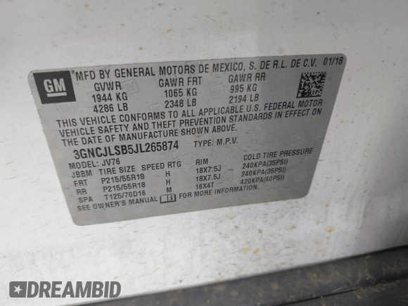 2018 Chevrolet Trax LT with VIN 3GNCJLSB5JL265874, listed as a IAAI auction lot 41962064 with 51,229 mi miles. Bid and sale history available at carsss.com. Image 9.