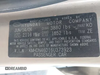 2006 Hyundai Elantra GLS with VIN KMHDN46D16U373923, listed as a IAAI auction lot 42632039 with 215,766 mi miles and . Bid and sale history available at DreamBid. Image 9.
