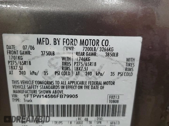 2006 Ford F-150 XLT with VIN 1FTPW14586FB79905, listed as a Copart auction lot 85707984 with 196,039 mi miles and Salvage title. Bid and sale history available at DreamBid. Image 12.