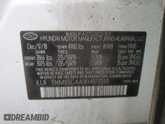 2019 Hyundai Santa Fe Ultimate with VIN 5NMS5CAA1KH073559, listed as a Copart auction lot 46430165 with 0 mi miles and Salvage Title. Bid and sale history available at carsss.com. Image 15.