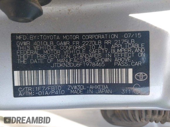 2015 Toyota Prius Four with VIN JTDKN3DU6F1978465, listed as a IAAI auction lot 42141095 with 87,310 mi miles. Bid and sale history available at carsss.com. Image 9.