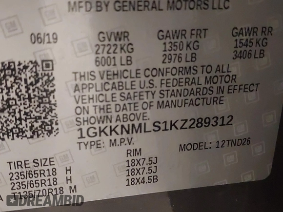 2019 GMC Acadia SLT with VIN 1GKKNMLS1KZ289312, listed as a IAAI auction lot 42123763 with 76,352 mi miles and . Bid and sale history available at DreamBid. Image 9.