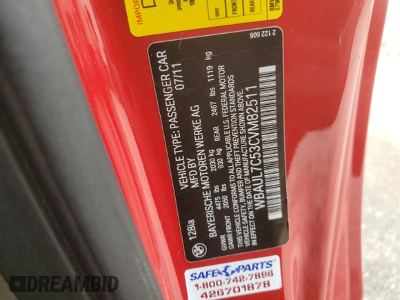 2012 BMW 1 Series 128i с VIN WBAUL7C53CVM82511, выставлен на аукционе Copart как лот 53169335 с пробегом 98 032 миль миль и Списание • Salvage title. История ставок и продаж доступна на DreamBid. Изображение 13.