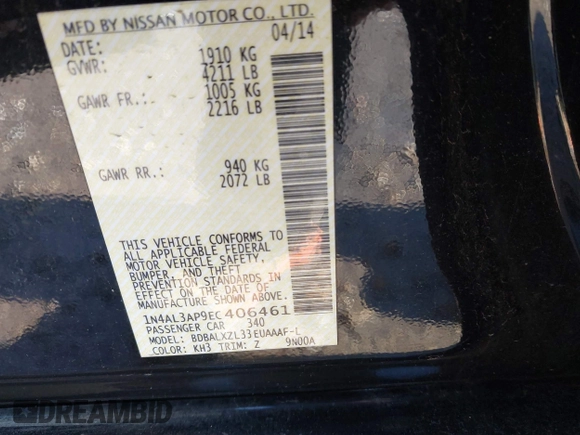 2014 Nissan Altima 2.5 S with VIN 1N4AL3AP9EC406461, listed as a IAAI auction lot 41030701 with 363,097 mi miles. Bid and sale history available at carsss.com. Image 9.