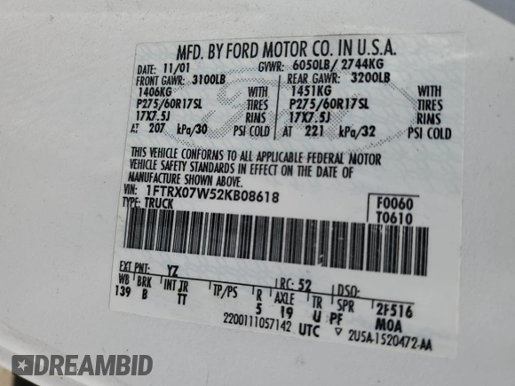 2002 Ford F-150 XL with VIN 1FTRX07W52KB08618, listed as a Copart auction lot 57941974 with 172,843 mi miles and Salvage title. Bid and sale history available at DreamBid. Image 12.