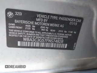 2015 BMW 3 Series 320i xDrive с VIN WBA3C3G57FNS74828, выставлен на аукционе IAAI как лот 41920253 с пробегом 72 521 миль миль и . История ставок и продаж доступна на DreamBid. Изображение 9.