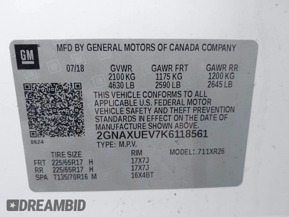 2019 Chevrolet Equinox LT z VIN 2GNAXUEV7K6118561, wystawiony jako IAAI lot #42177676 z przebiegiem 112 266 mil mil oraz . Historia ofert i sprzedaży dostępna na DreamBid. Obrazek 9.