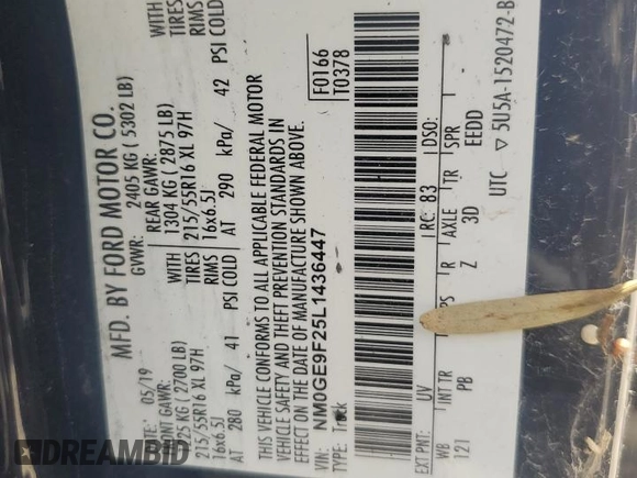 2020 Ford Transit Connect XLT с VIN NM0GE9F25L1436447, выставлен на аукционе Copart как лот 60150445 с пробегом Не указан миль и На запчасти • Non repairable. История ставок и продаж доступна на DreamBid. Изображение 13.