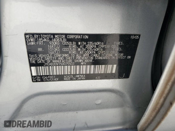 2005 Toyota RAV4 with VIN JTEHD20V150075503, listed as a Copart auction lot 54106765 with 154,099 mi miles and Clean Title. Bid and sale history available at carsss.com. Image 13.