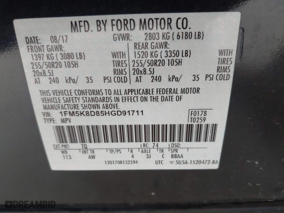 2017 Ford Explorer XLT with VIN 1FM5K8D85HGD91711, listed as a IAAI auction lot 41848391 with 106,577 mi miles. Bid and sale history available at carsss.com. Image 9.
