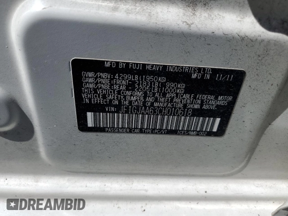 2012 Subaru Impreza 2.0i с VIN JF1GJAA63CH010618, выставлен на аукционе Copart как лот 46635385 с пробегом 88 046 миль миль и Списание • Salvage title. История ставок и продаж доступна на DreamBid. Изображение 15.
