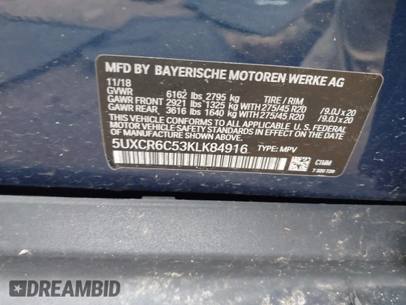 2019 BMW X5 xDrive40i with VIN 5UXCR6C53KLK84916, listed as a IAAI auction lot 42035316 with 69,798 mi miles and . Bid and sale history available at DreamBid. Image 9.