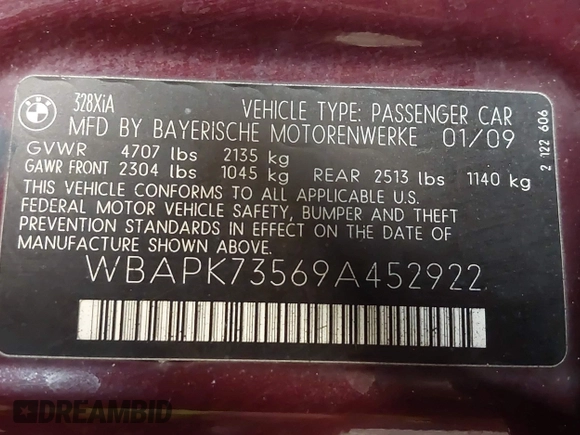 2009 BMW 3 Series 328i xDrive with VIN WBAPK73569A452922, listed as a IAAI auction lot 42517745 with 197,794 mi miles and . Bid and sale history available at DreamBid. Image 9.