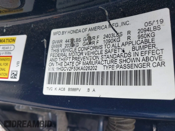 2019 Honda Accord EX-L with VIN 1HGCV2F53KA026202, listed as a IAAI auction lot 41722857 with 100,948 mi miles and . Bid and sale history available at DreamBid. Image 9.