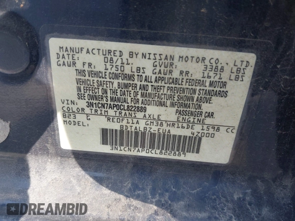 2012 Nissan Versa SV with VIN 3N1CN7AP0CL822889, listed as a IAAI auction lot 42349923 with 168,914 mi miles and . Bid and sale history available at DreamBid. Image 9.