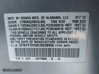2012 Honda Pilot EX-L with VIN 5FNYF3H58CB038956, listed as a IAAI auction lot 41834286 with 176,093 mi miles. Bid and sale history available at carsss.com. Image 9.